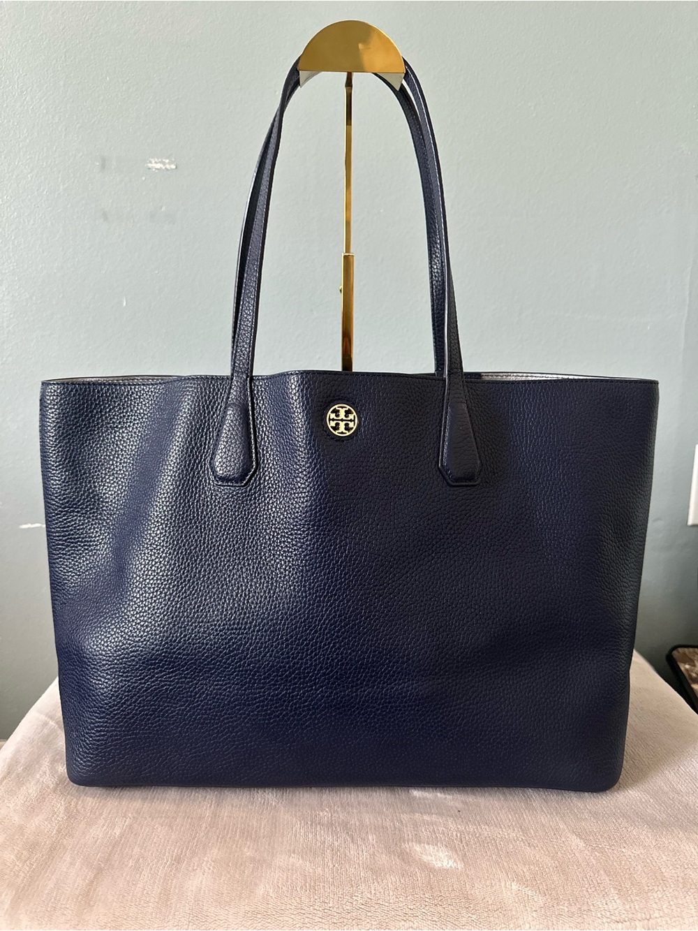 Tory Burch Pebbled Navy Leather Tote with Gold Logo